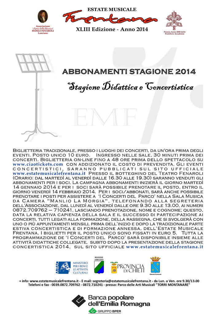 CAMPAGNA ABBONAMENTI STAGIONE DIDATTICA E CONCERTISTICA EMF 2014