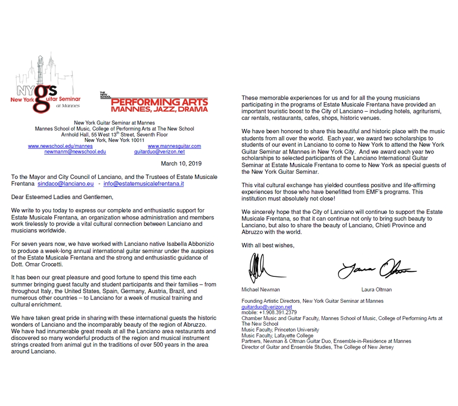 Lettera Aperta del Mannes School of Music di New York