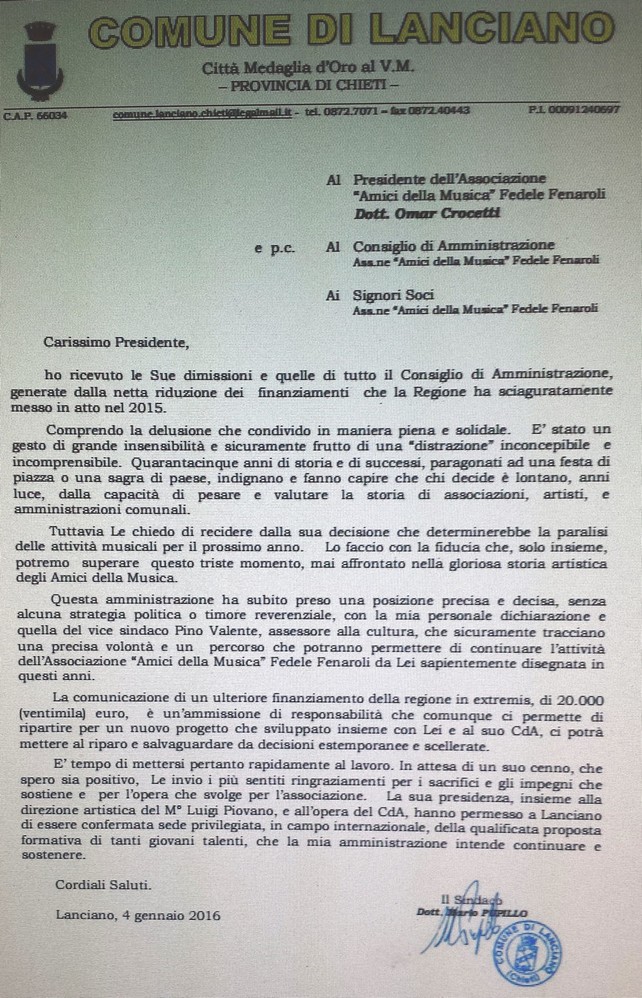 Lettera di richiesta del Sindaco di Lanciano per il ritiro delle dimissioni del CdA della Fenaroli