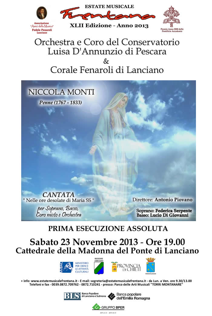 Presentazione progetto editoriale e Prima esecuzione assoluta, della CANTATA "Nelle Ore Desolate di Maria SS"  di Niccola Monti.