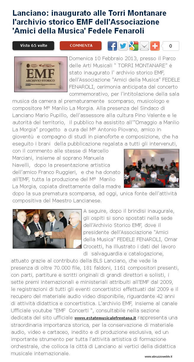 Intitolazione e Inaugurazione Sala Musica da Camera e Archivio Storico EMF