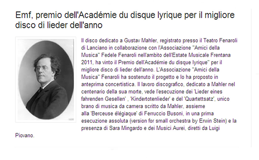 Premio per la Produzione dedicata a Gustav Mahler