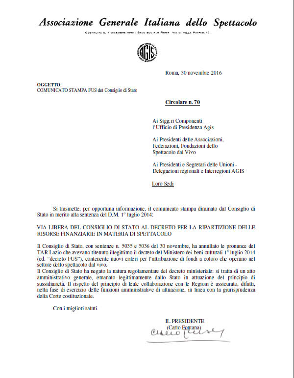 Consiglio di Stato - Circ. n. 70 del 30.11.2016